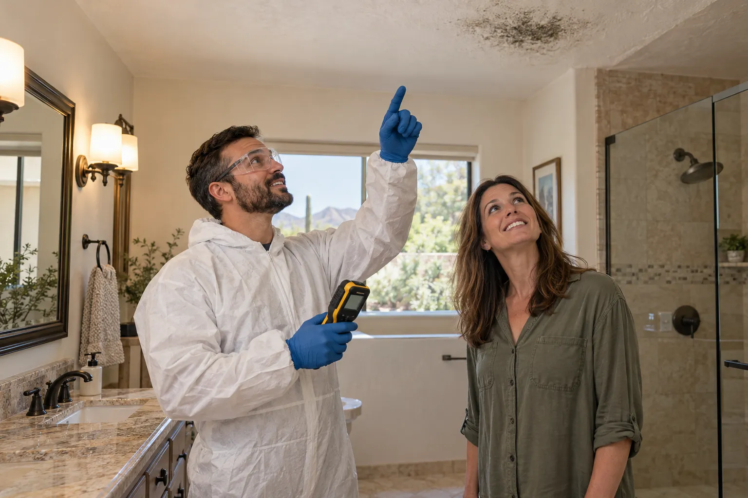 Friendly local provider showing a homeowner a small area of mold on a ceiling in a Auburn home